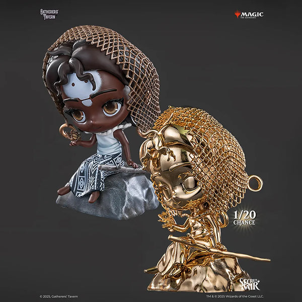 Two figurines, one gold and one with a head covering, on a dark background with 'Magic: The Gathering' branding.