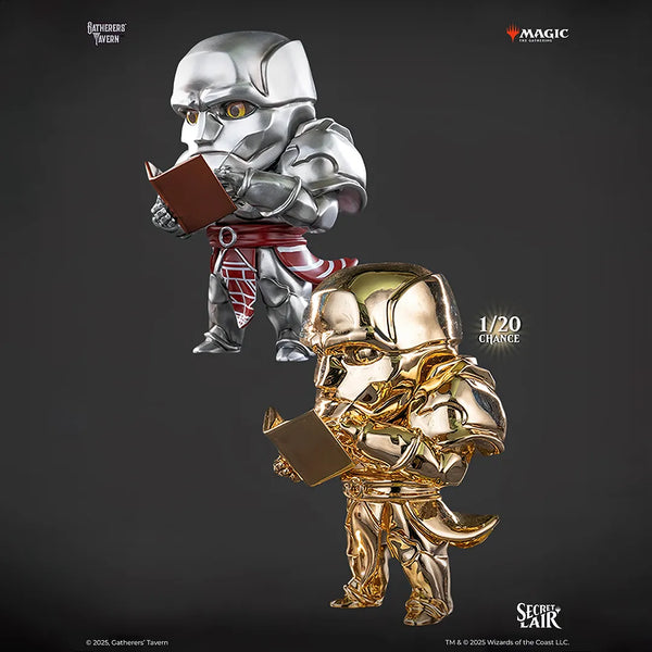 Two figurines, one silver and one gold, holding books on a dark background with 'Magic' branding.